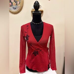 Bisou Bisou Red Floral Wrap Blouse